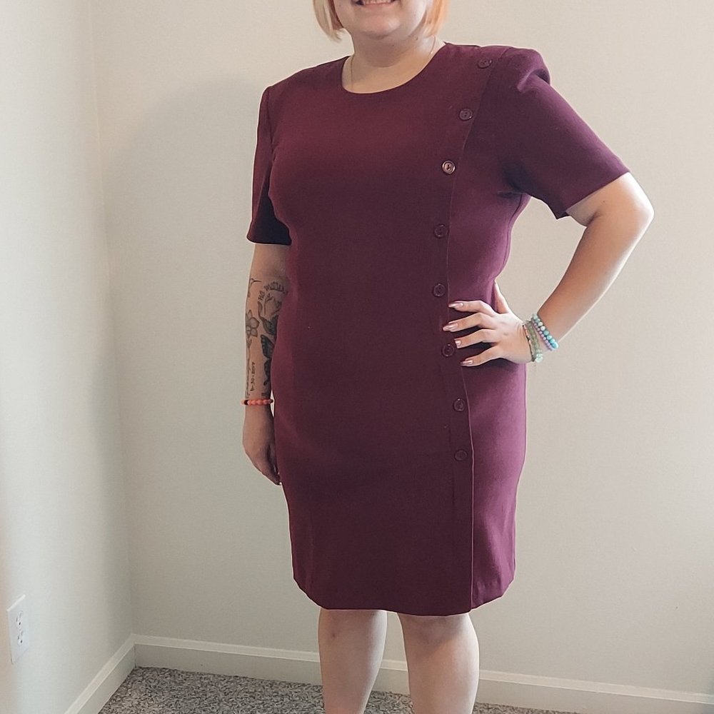 Plus Size Vintage Betsey Lauren Maroon Sheath Dress with Button Detailing